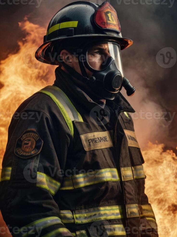 a firefighter in a gas mask standing in front of a fire photo