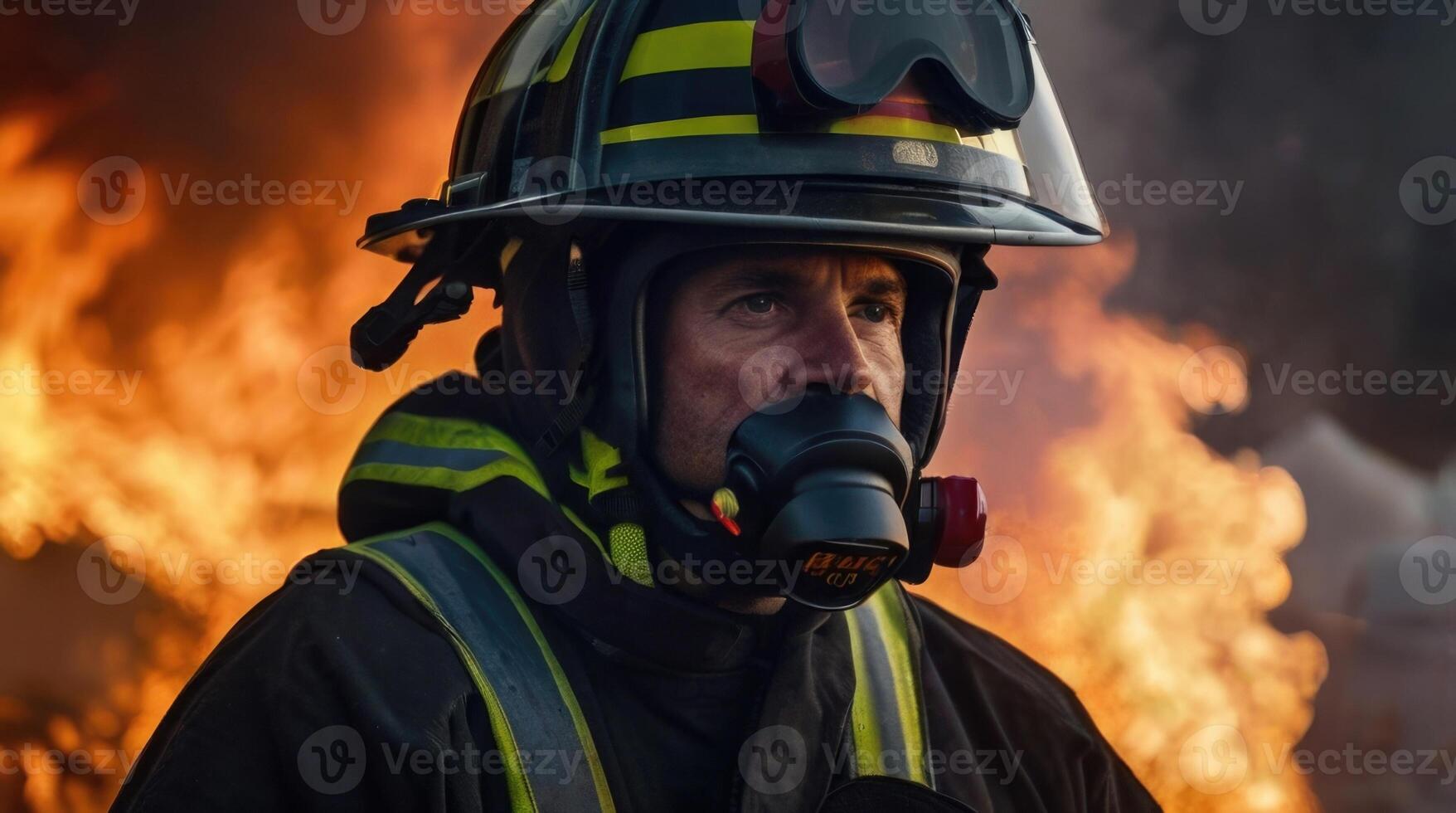 a firefighter in a gas mask standing in front of a fire photo