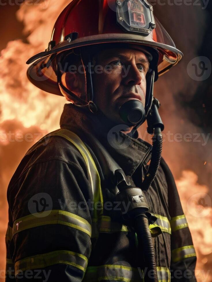 a firefighter in a gas mask standing in front of a fire photo