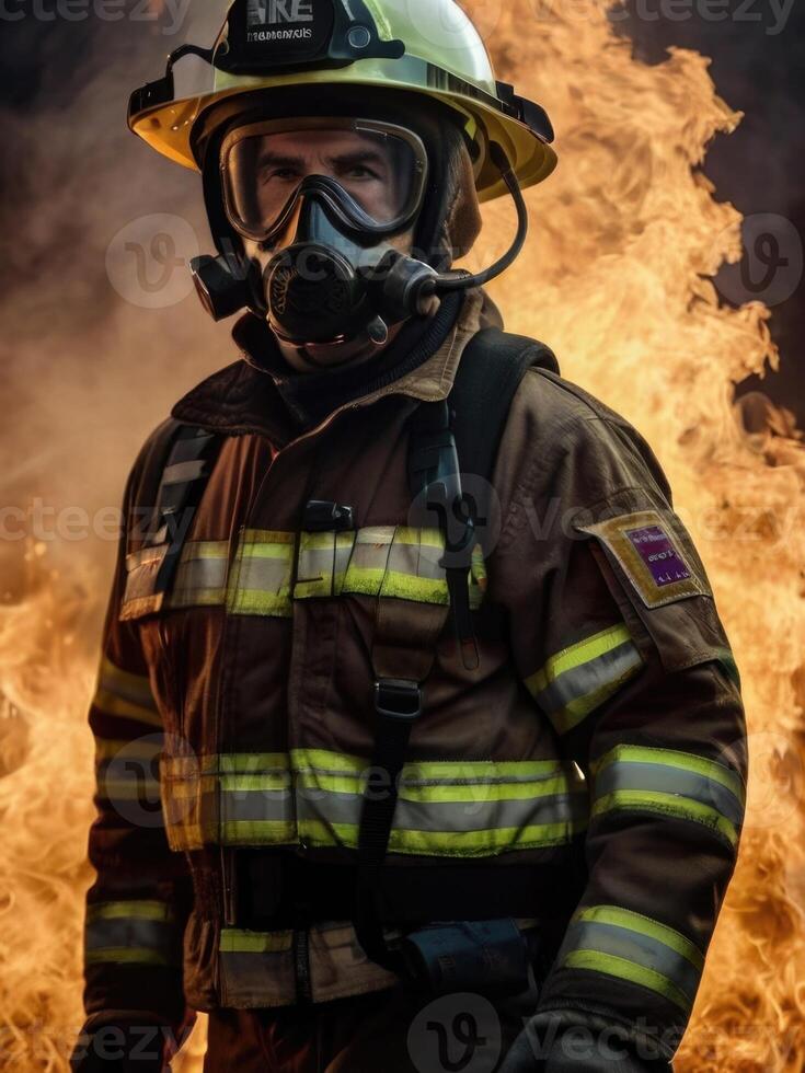 a firefighter in a gas mask standing in front of a fire photo