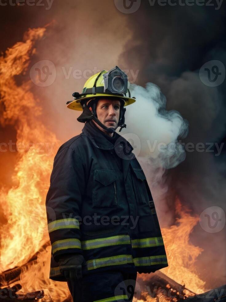 a firefighter in a gas mask standing in front of a fire photo