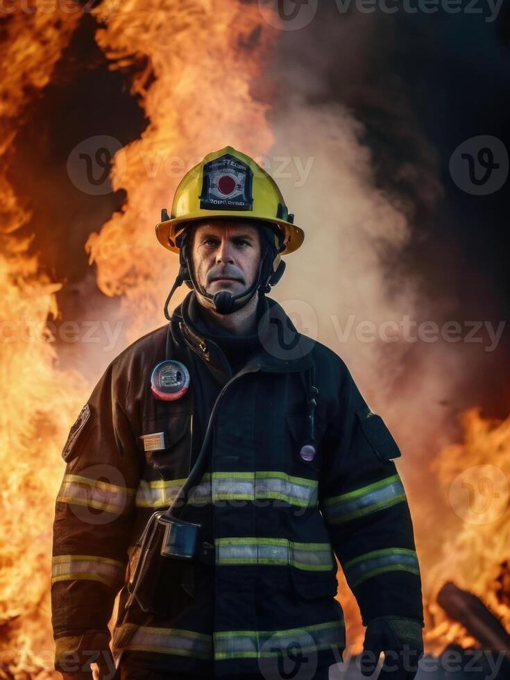 a firefighter in a gas mask standing in front of a fire photo