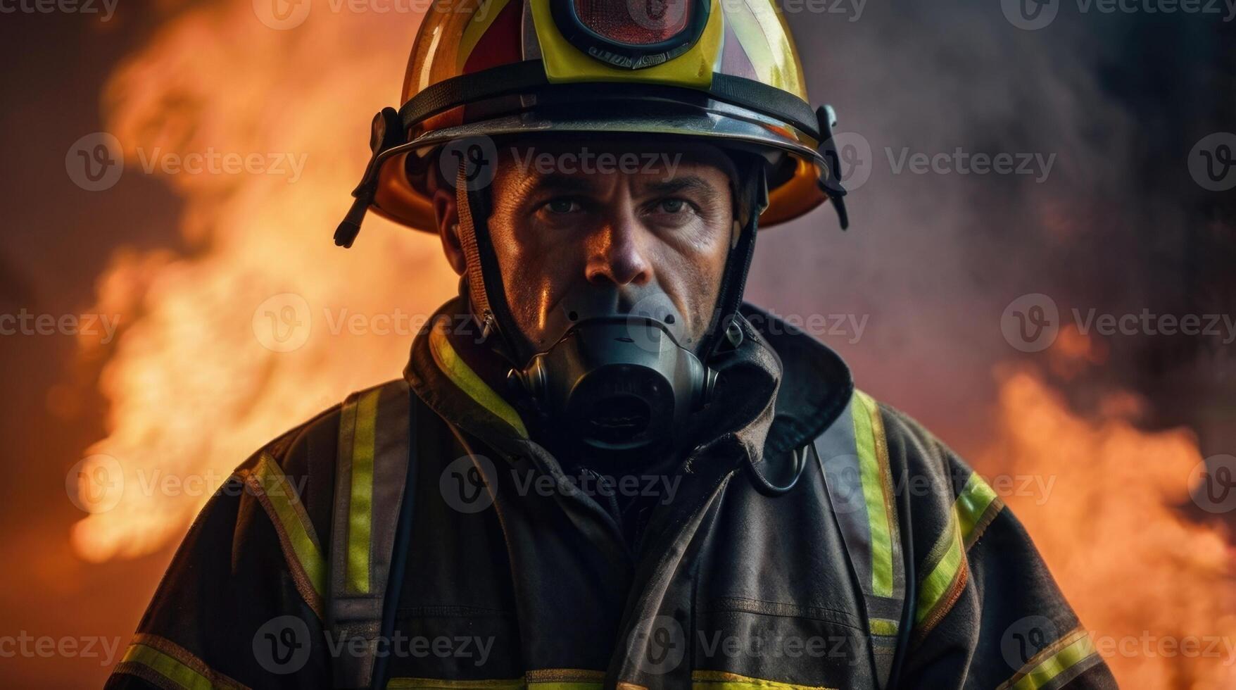a firefighter in a gas mask standing in front of a fire photo