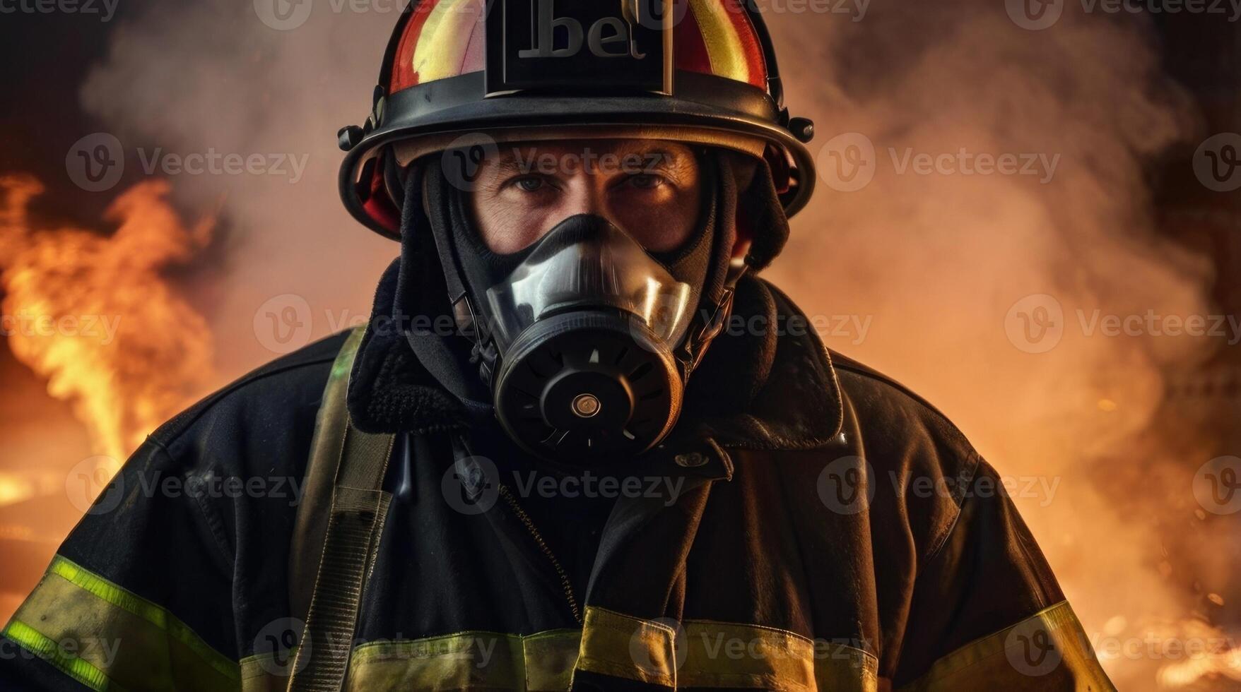 a firefighter in a gas mask standing in front of a fire photo