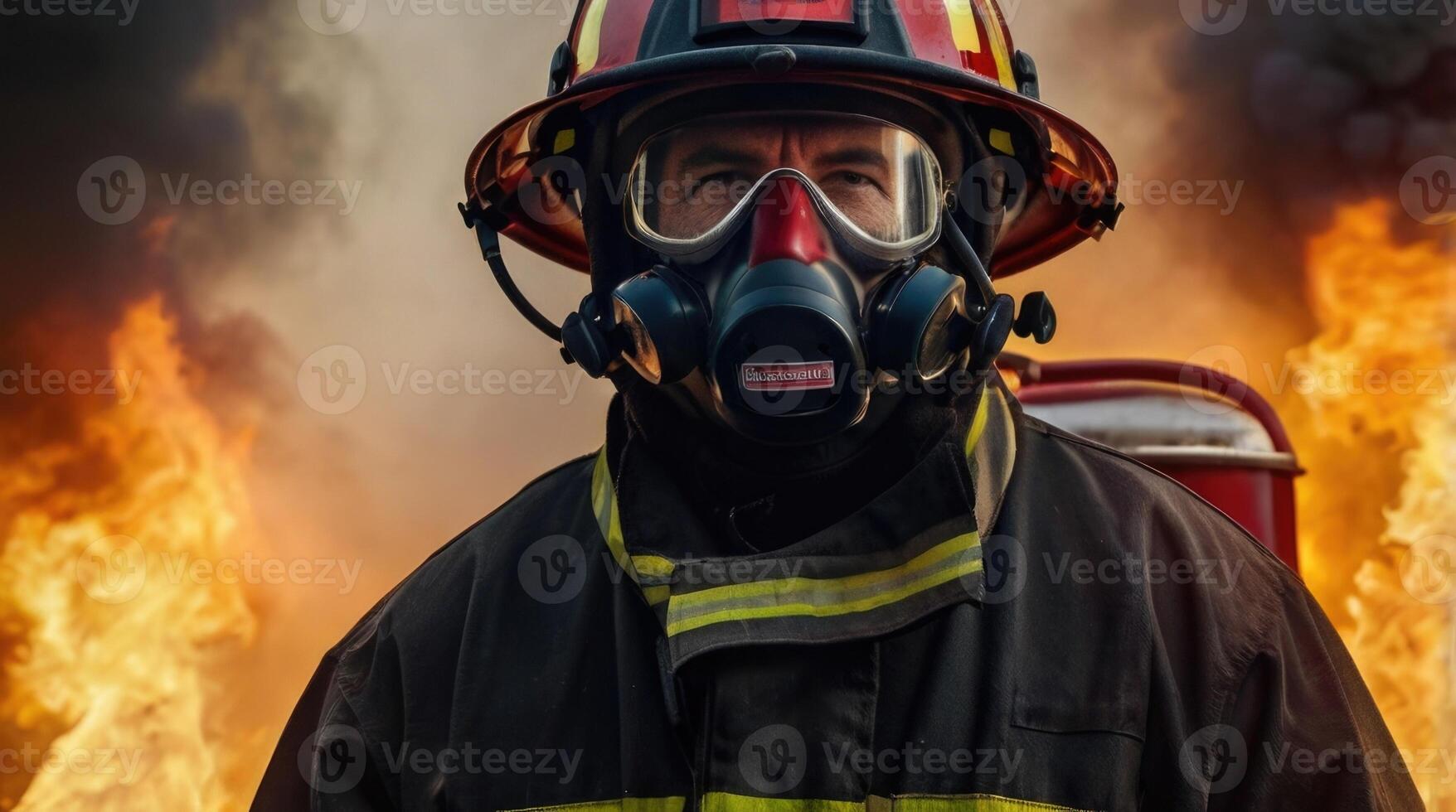 a firefighter in a gas mask standing in front of a fire photo