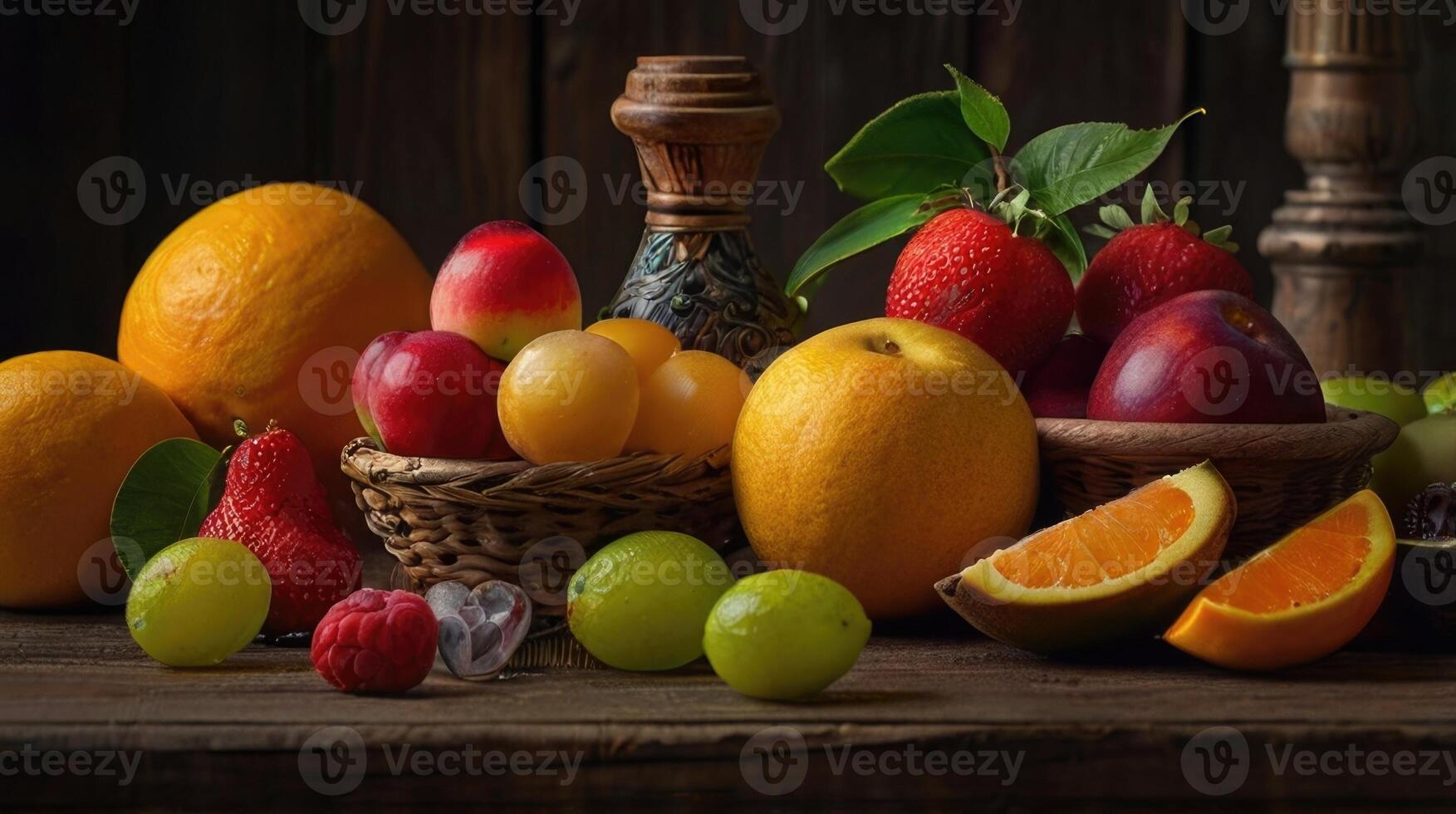 fresh fruits on wooden table photo