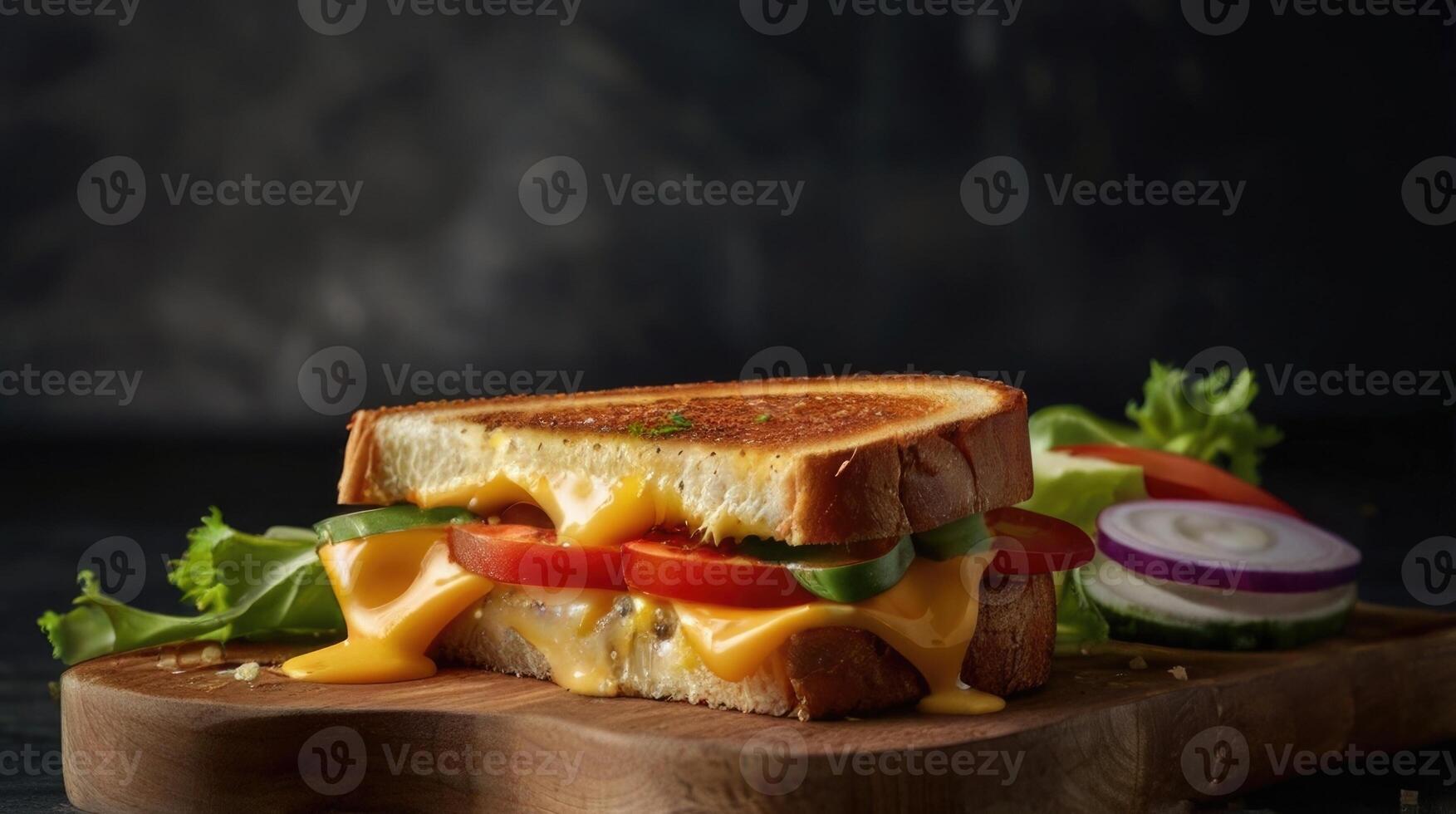 grilled cheese sandwich with tomato, lettuce and cheese on a wooden cutting board photo