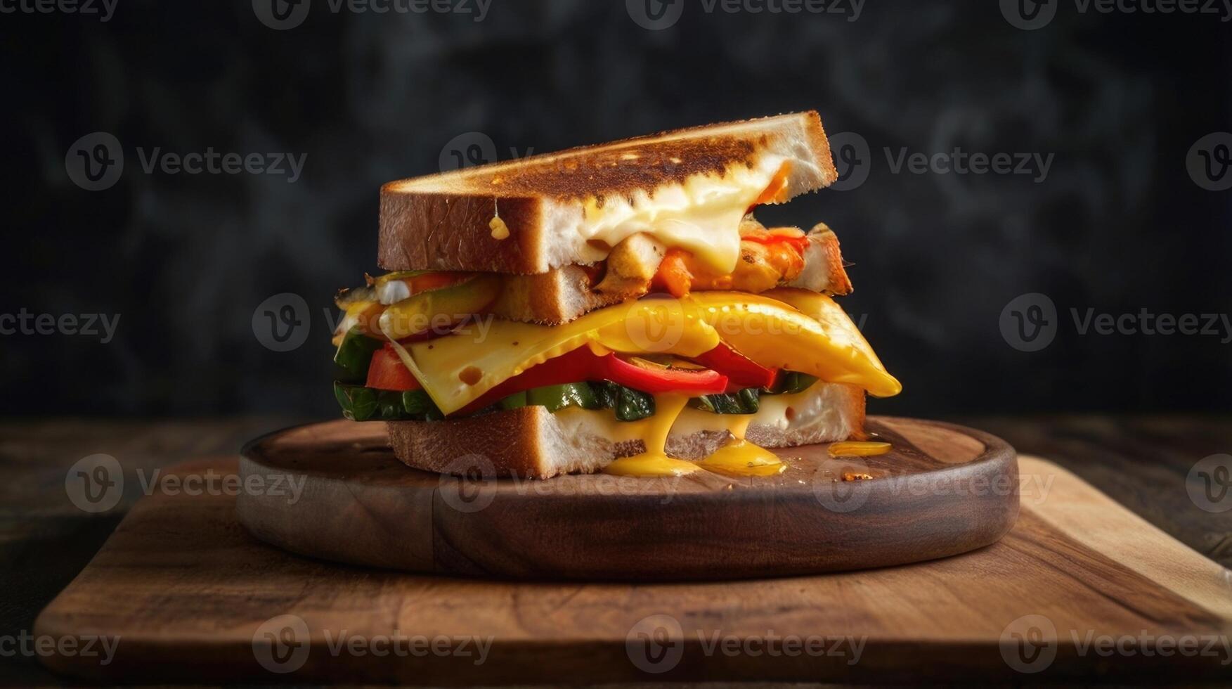 grilled cheese sandwich with tomato, lettuce and cheese on a wooden cutting board photo