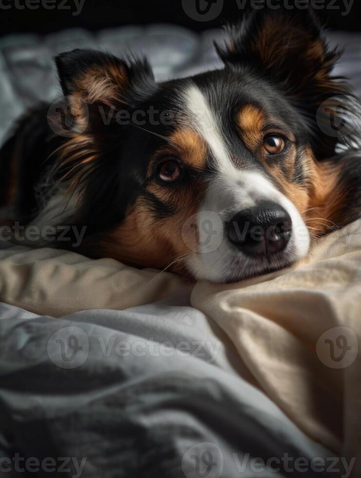 a dog laying on a bed with a blanket photo
