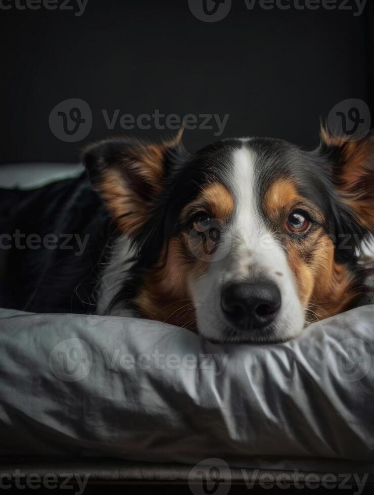 a dog laying on a bed with a blanket photo