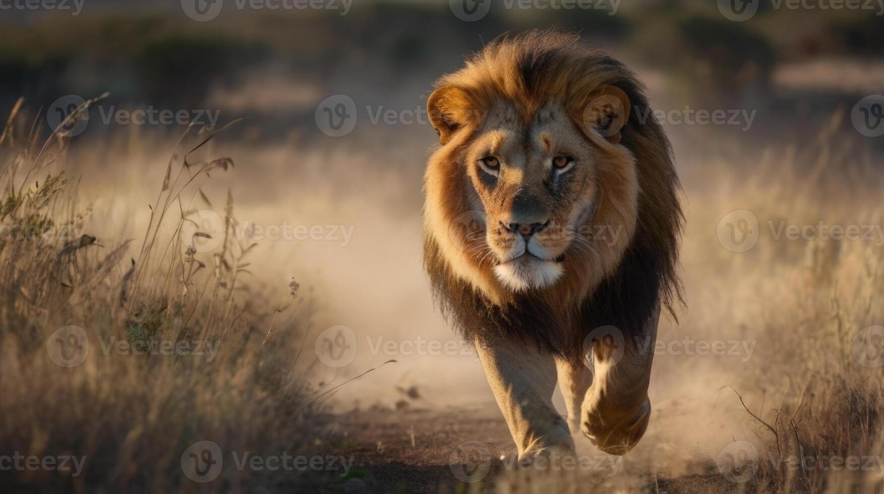 a lion walking through tall grass in the wild photo
