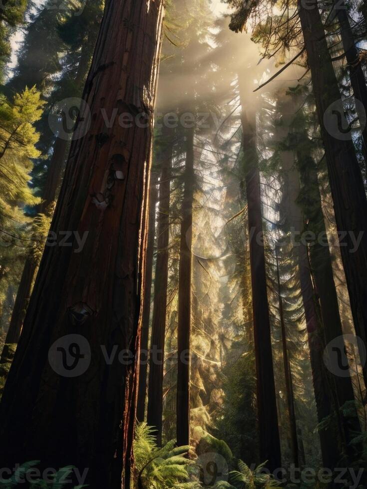 sunlight shines through the trees in a redwood forest photo