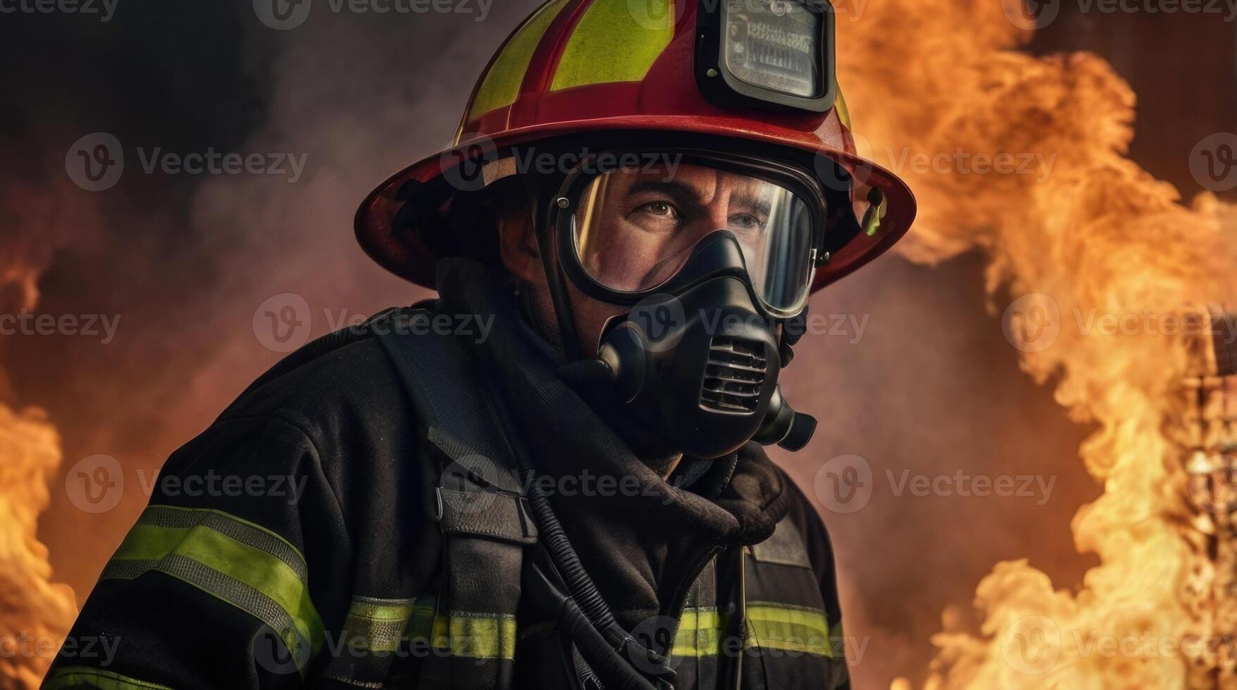 a firefighter in a gas mask standing in front of a fire photo