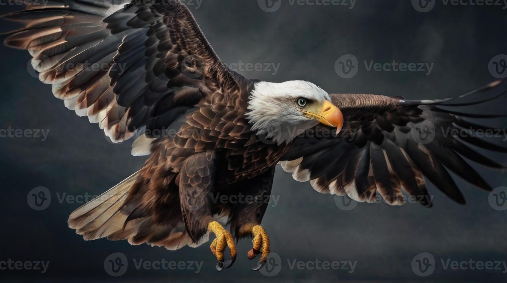 an eagle is flying in the air with its wings spread photo