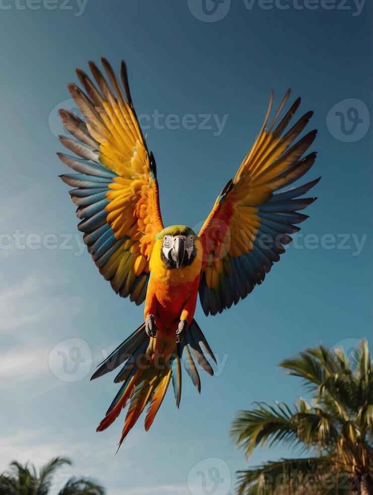 a colorful macaw parrot flying in the air photo