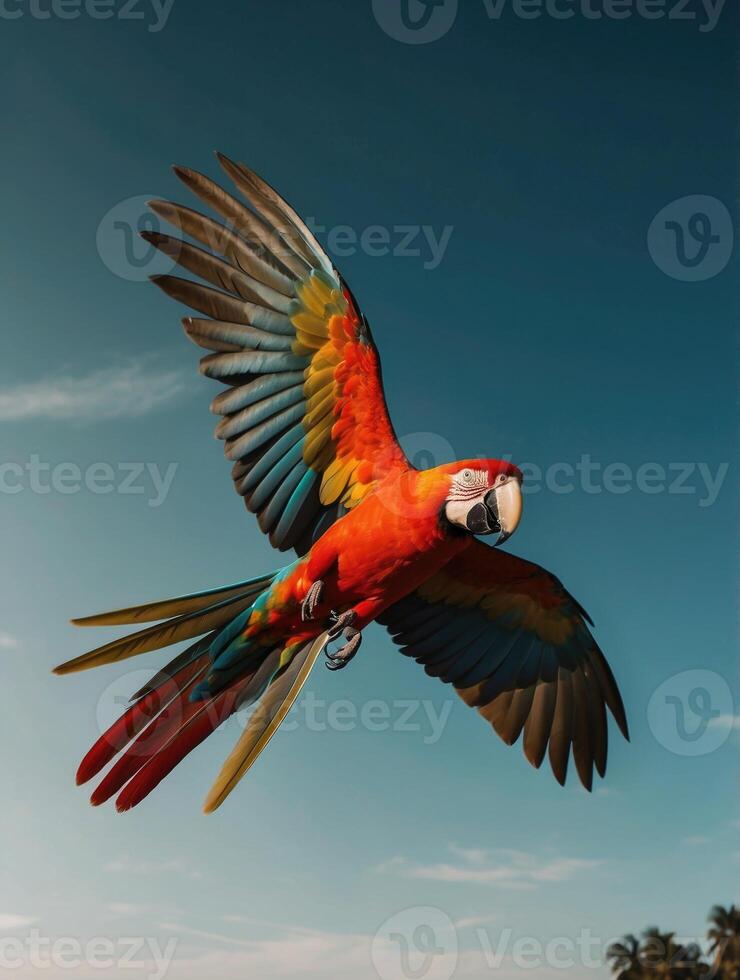 a colorful macaw parrot flying in the air photo