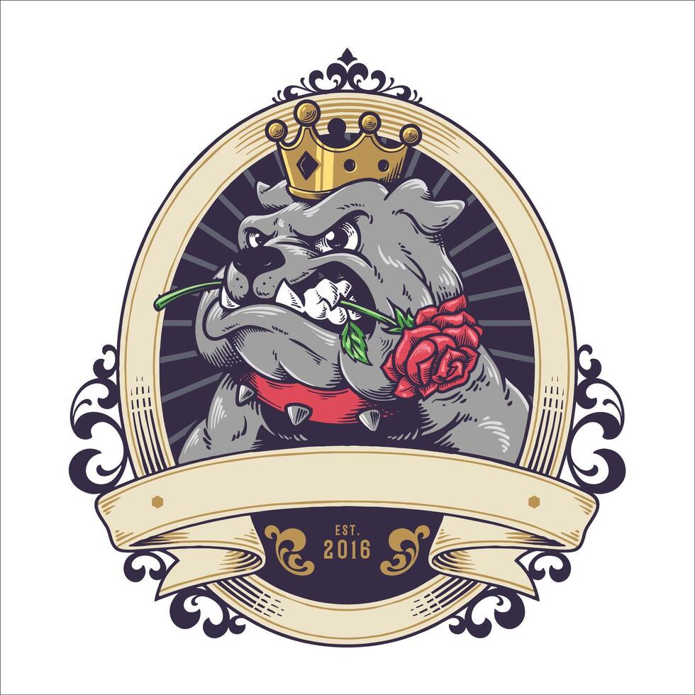 ILLUSTRATION OF A BULLDOG BITING A ROSE vector