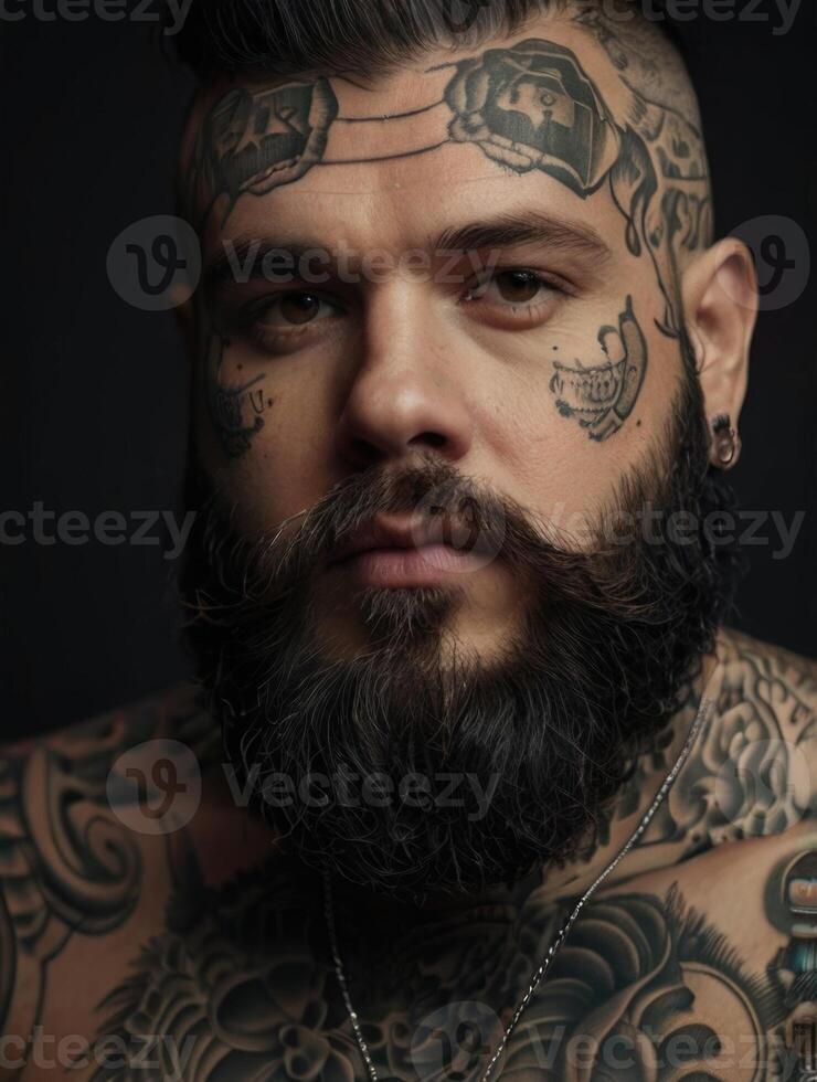 a man with tattoos and a beard photo