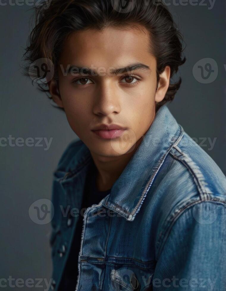 a young man in a denim jacket photo