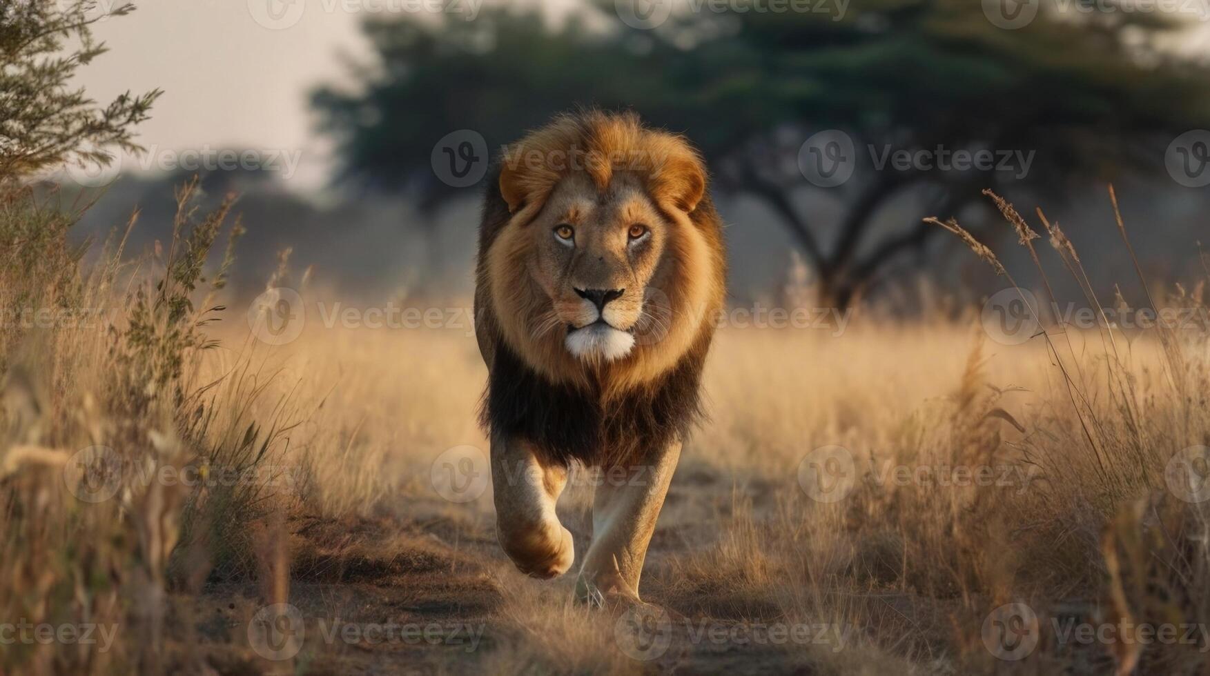 a lion walking through tall grass in the wild photo