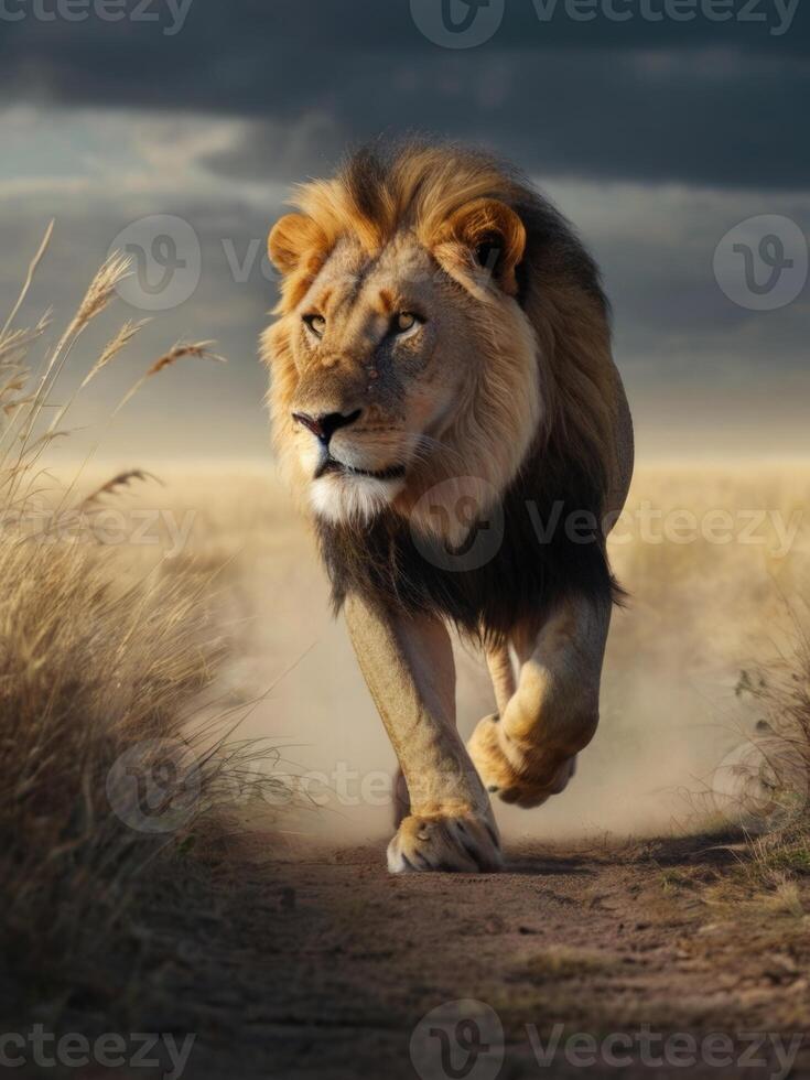 a lion walking through tall grass in the wild photo