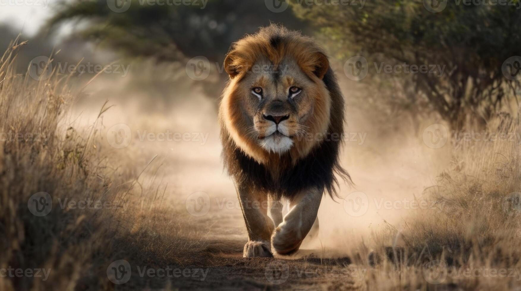 a lion walking through tall grass in the wild photo