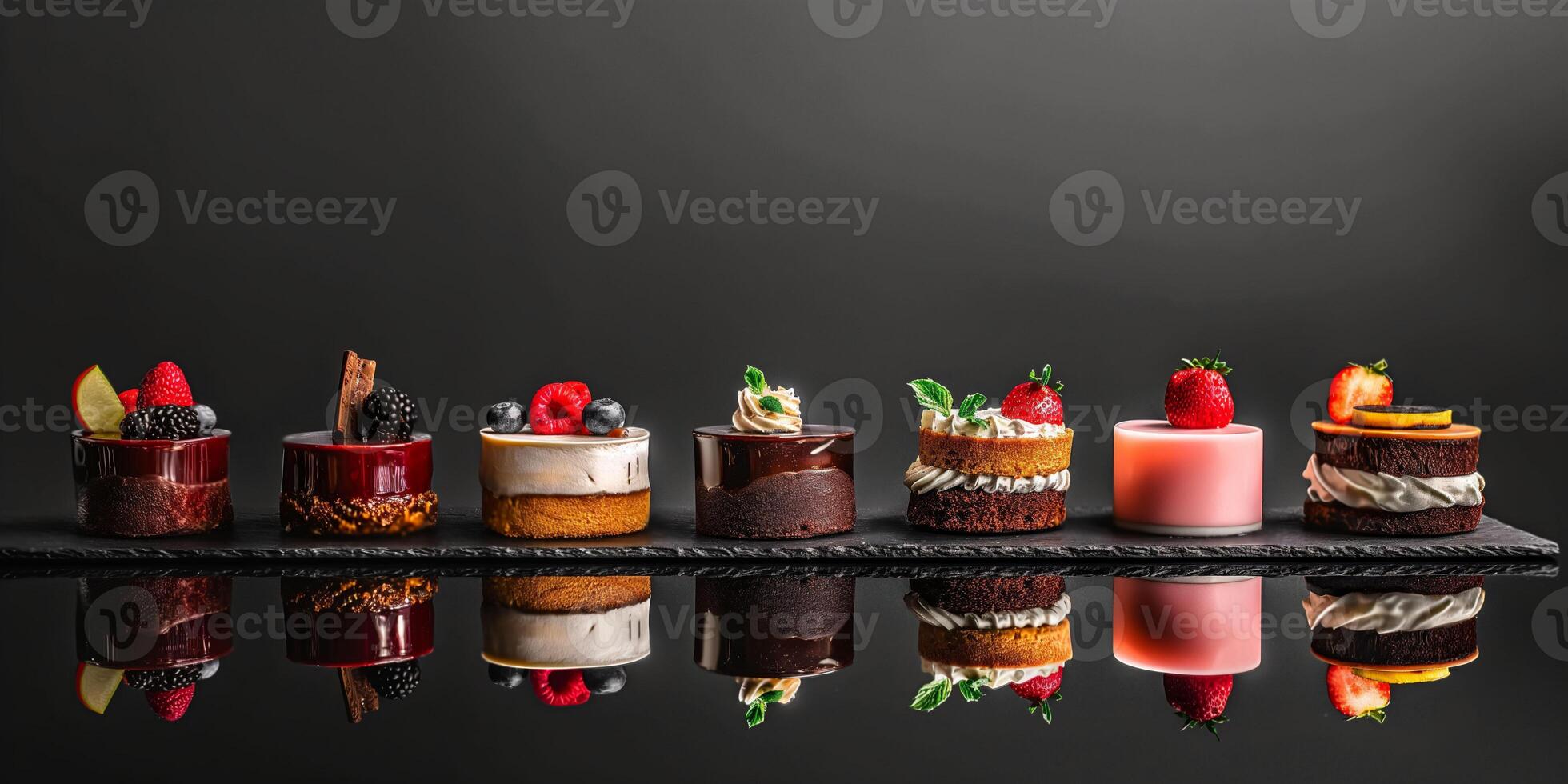 Assorted gourmet cakes on black reflective surface with fresh fruits and mint minimalistic closeup dessert concept photo