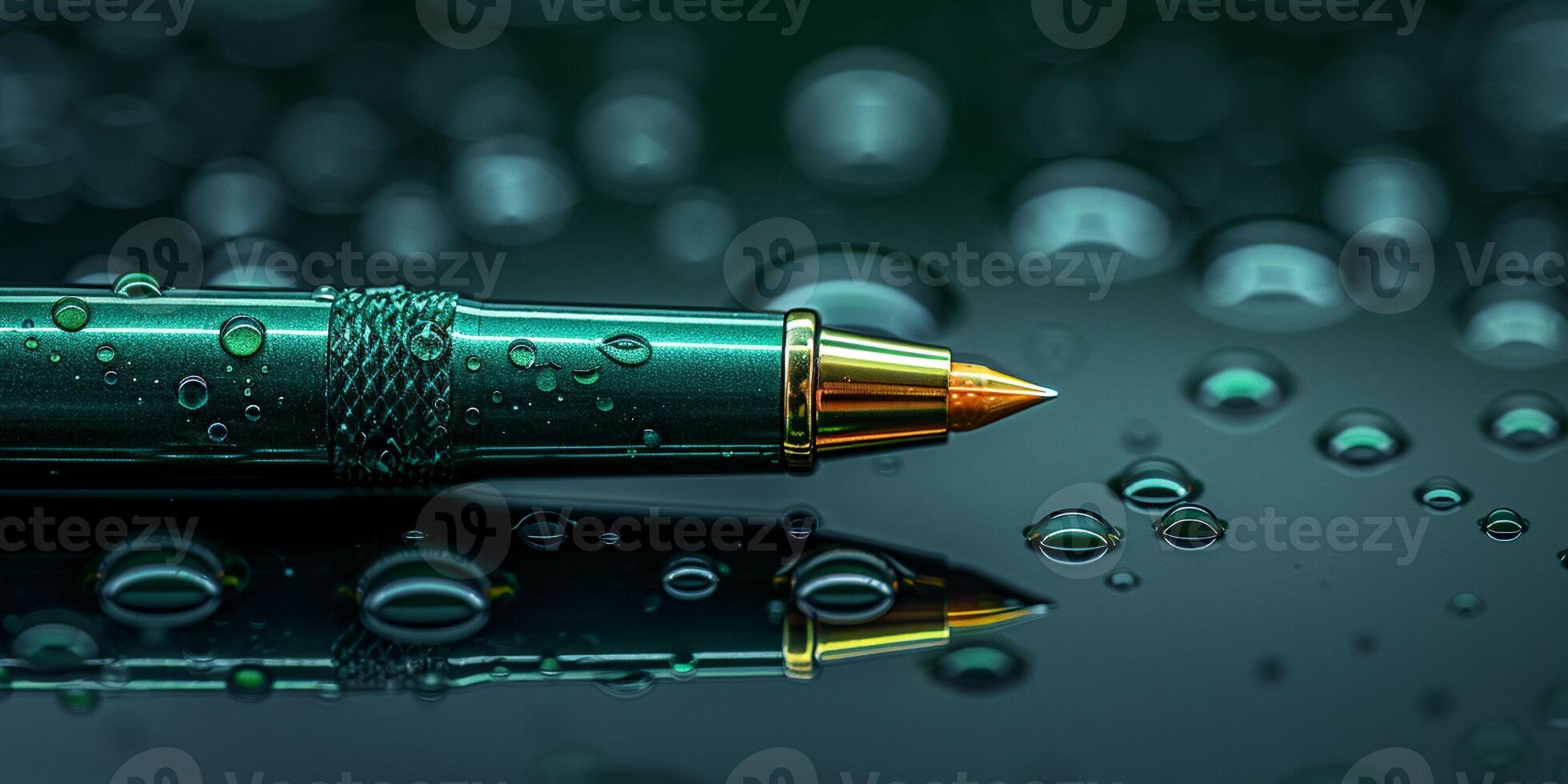 green and Gold luxurious pen with water droplets lying on black reflective surface concept of luxury glamour business. Banner back to school with copy space photo
