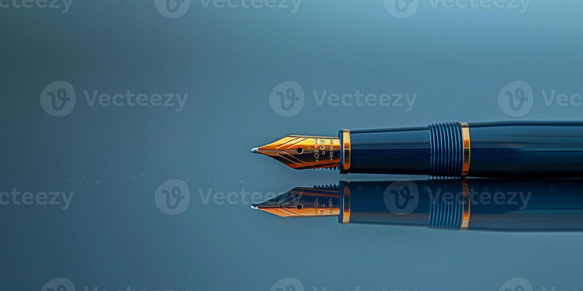 A close up of a blue fountain pen with a golden nib reflected on a smooth blue surface. minimalist, elegance of the pen. This image suits corporate branding and upscale writing instruments. photo