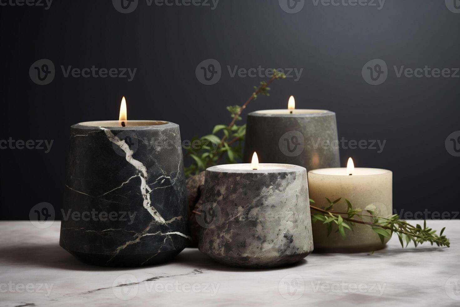 Artisanal natural stone candles with marble design set against a dark backdrop, their gentle flames symbolize eco-friendly illumination and aesthetic serenity. photo