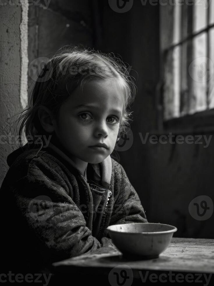 a black and white photo of a poverty child