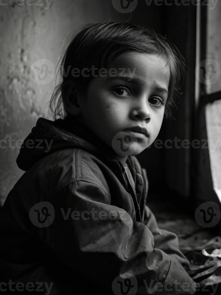 a black and white photo of a poverty child