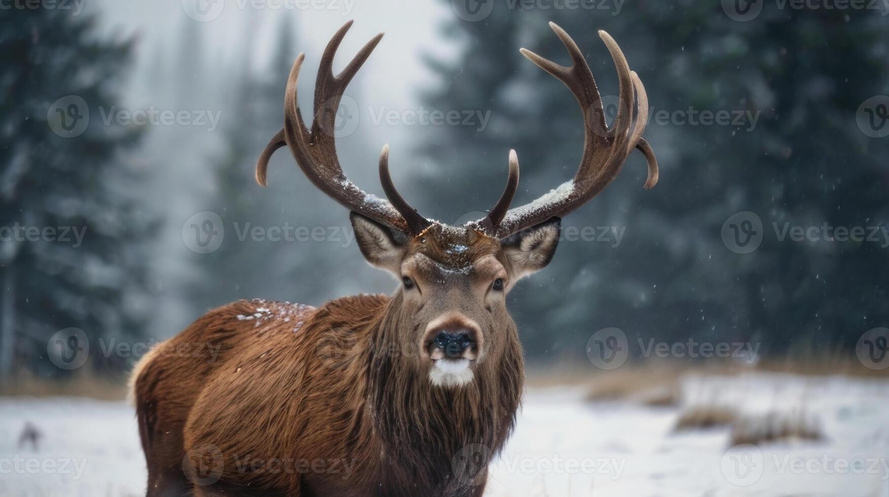 a red deer with large antlers standing in the snow photo