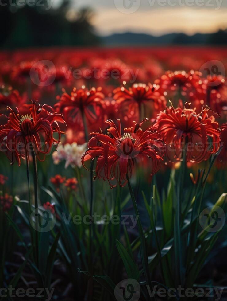 a field of red spider lily in the dark photo