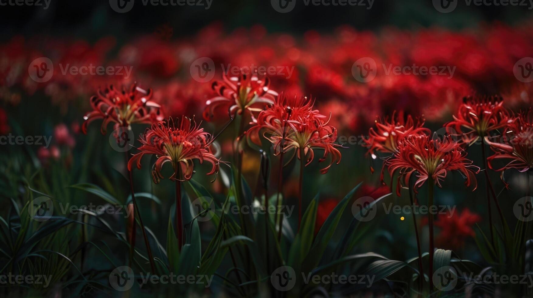 a field of red spider lily in the dark photo