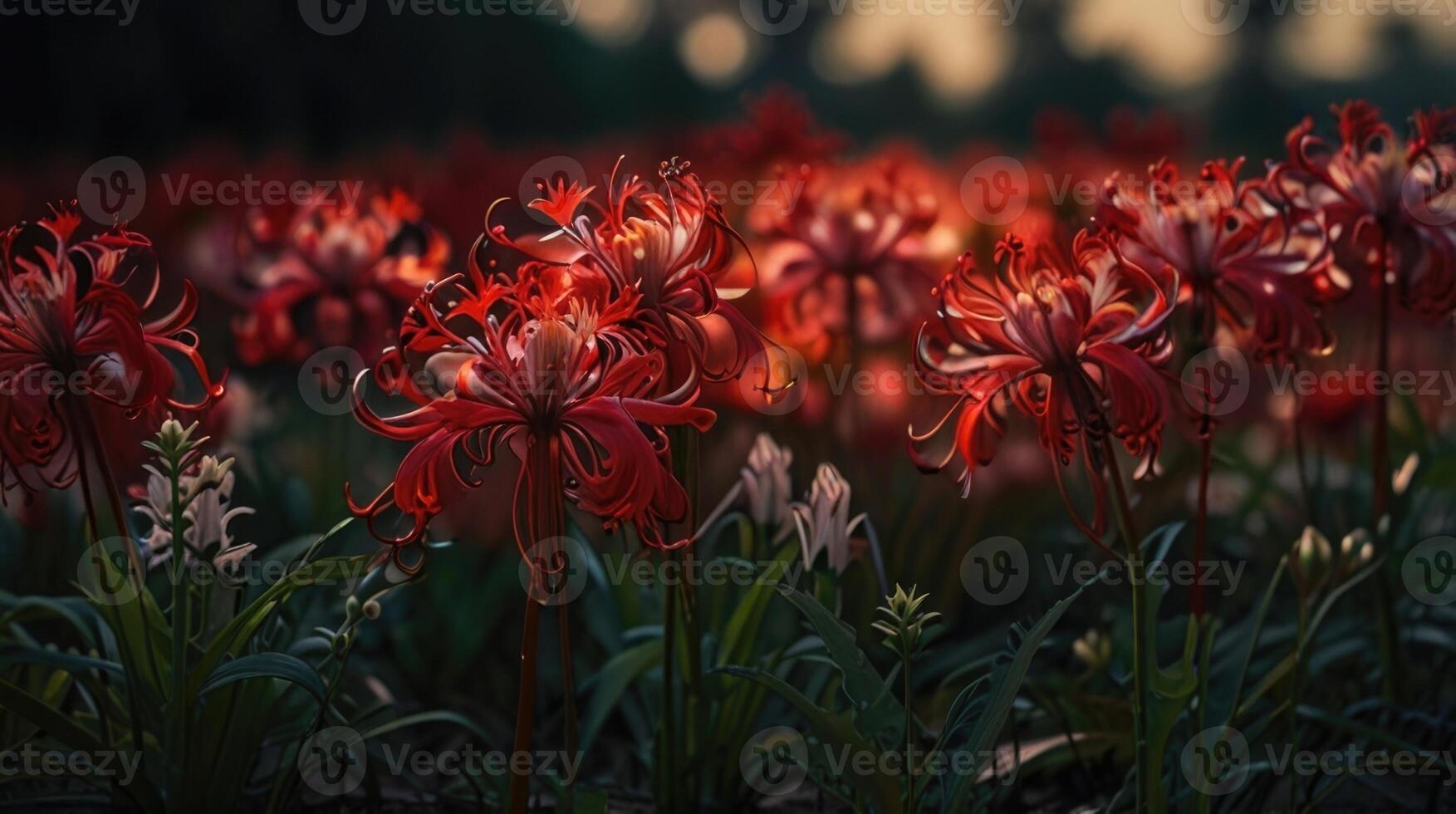 a field of red spider lily in the dark photo