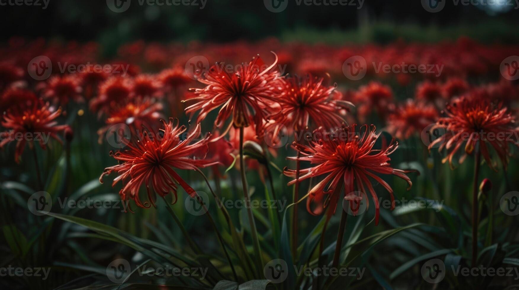 a field of red spider lily in the dark photo