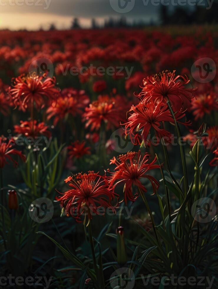 a field of red spider lily in the dark photo