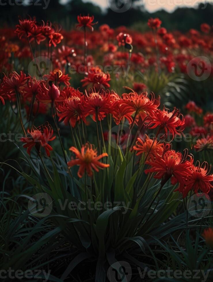 a field of red spider lily in the dark photo