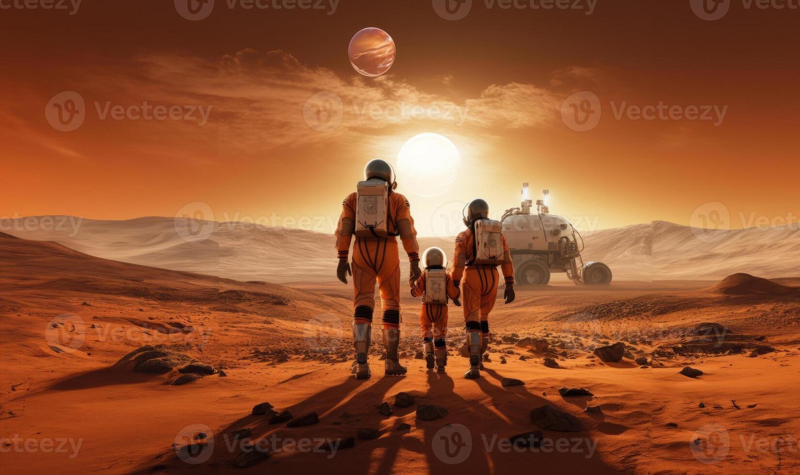 A futuristic, symbolic photograph depicts the beginnings of human civilization on Mars, showing a family walking on the surface of the red planet, evoking themes of exploration photo