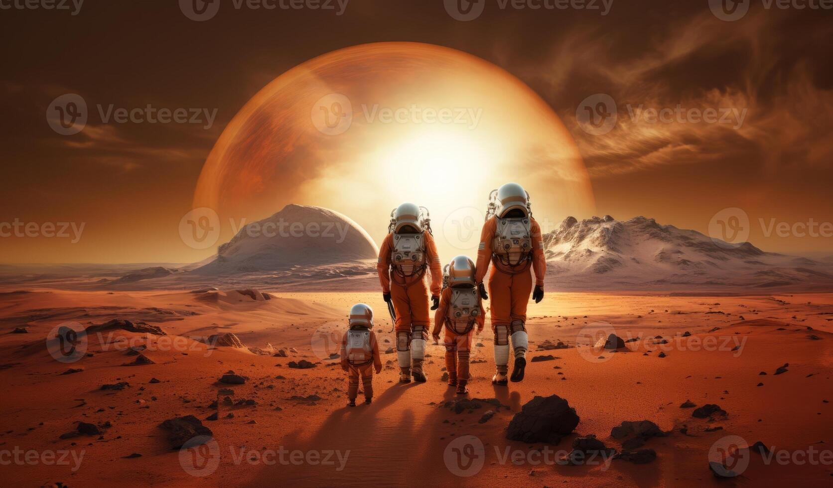 A futuristic, symbolic photograph depicts the beginnings of human civilization on Mars, showing a family walking on the surface of the red planet, evoking themes of exploration photo