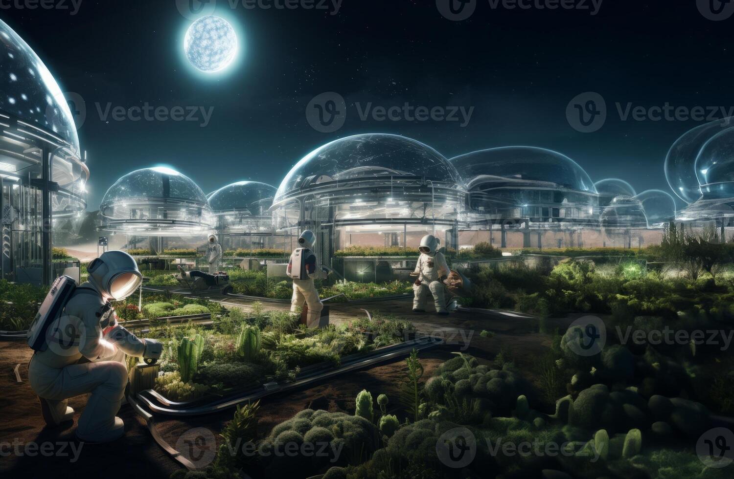 A futuristic depiction of agriculture shows cultivation and farming in glass enclosures on the surface of Mars in space, highlighting innovation and sustainability efforts in space photo