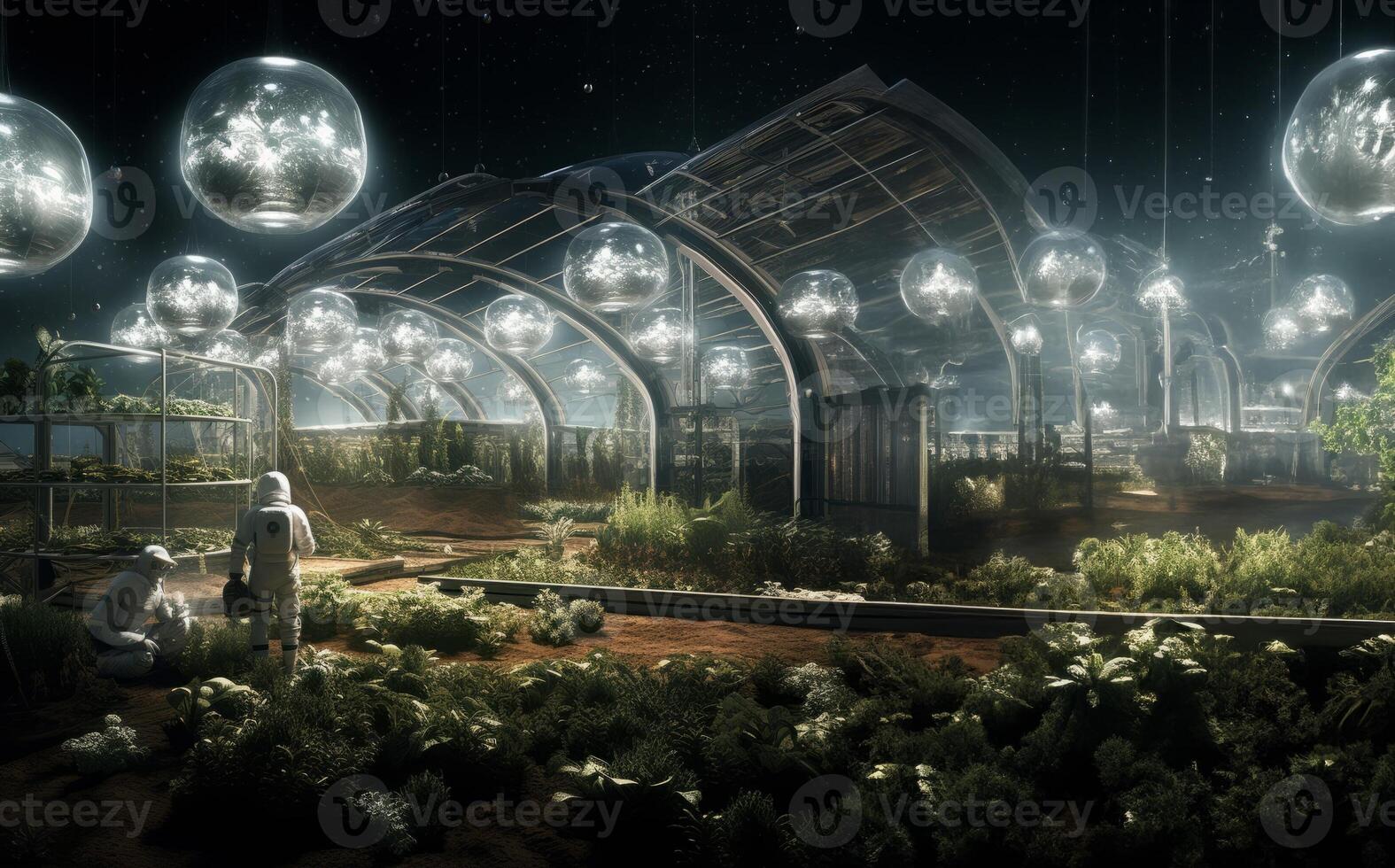 A futuristic depiction of agriculture shows cultivation and farming in glass enclosures on the surface of Mars in space, highlighting innovation and sustainability efforts in space photo