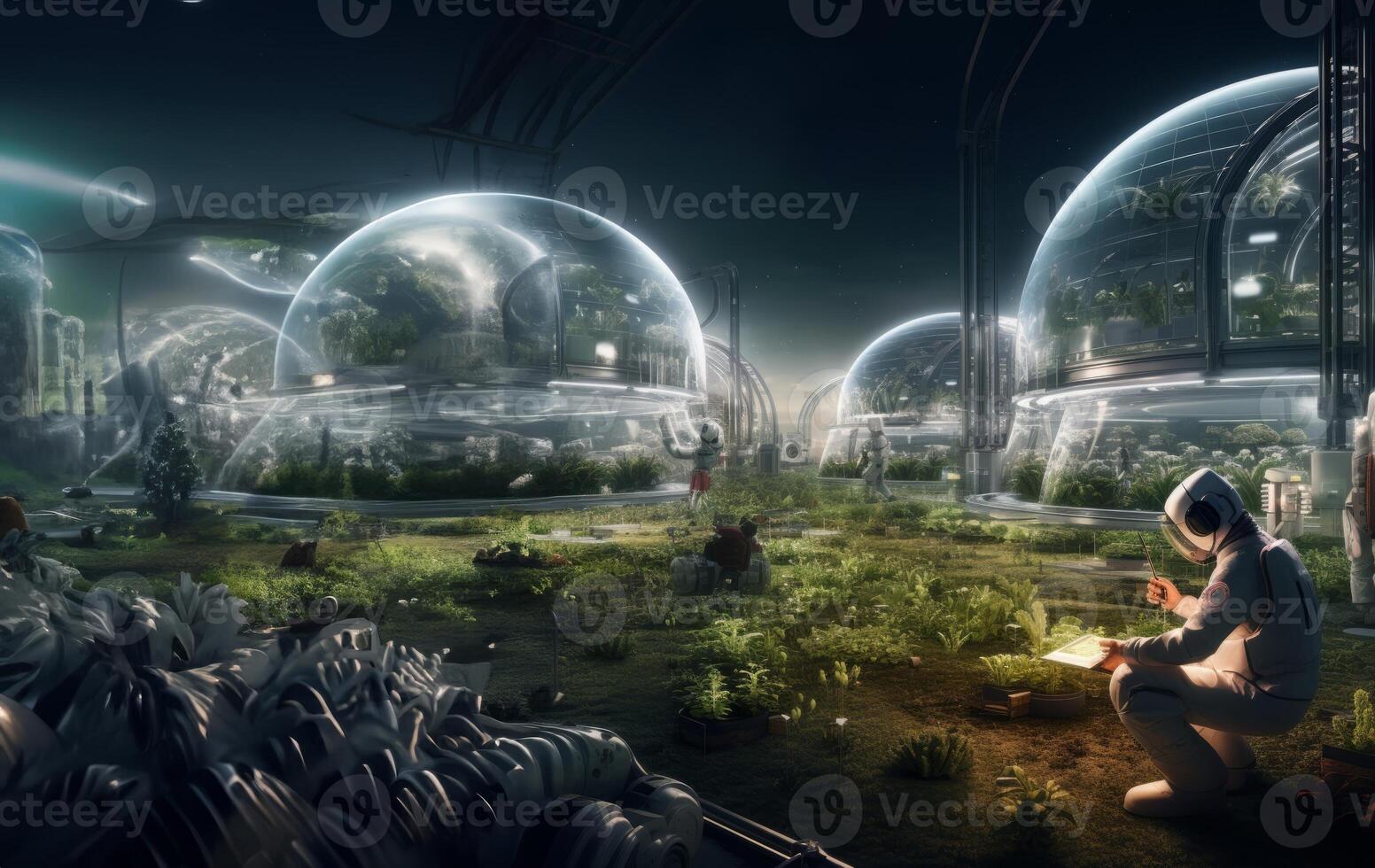 A futuristic depiction of agriculture shows cultivation and farming in glass enclosures on the surface of Mars in space, highlighting innovation and sustainability efforts in space photo