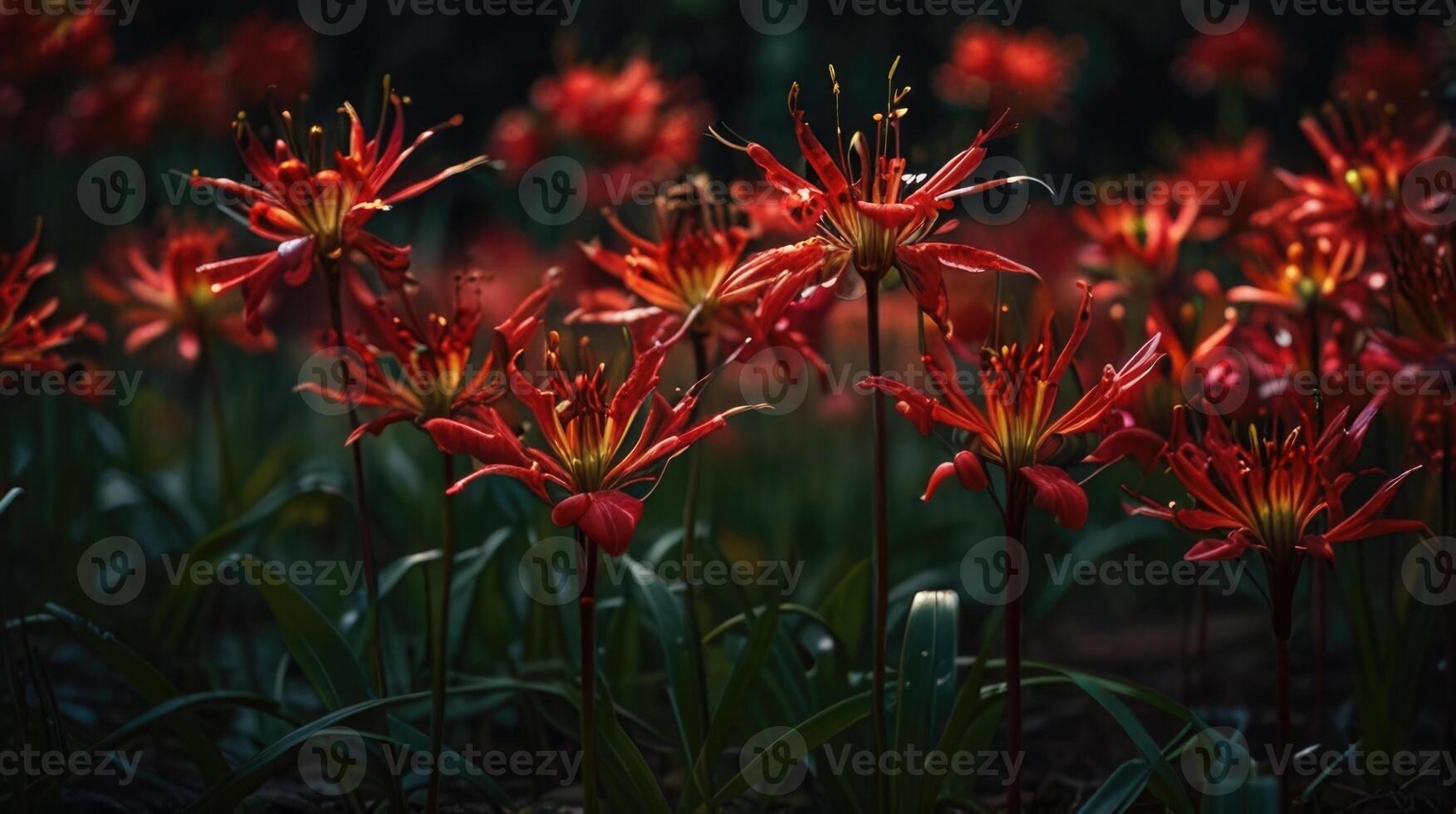 a field of red spider lily in the dark photo
