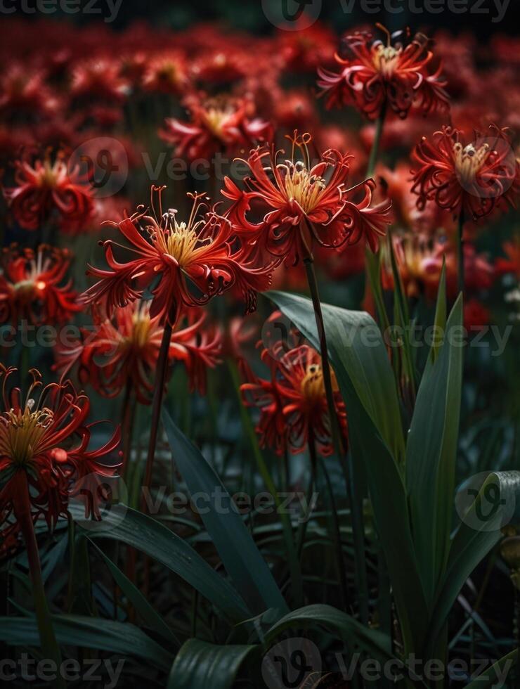a field of red spider lily in the dark photo