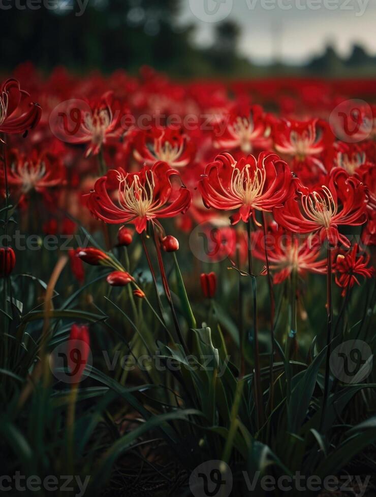 a field of red spider lily in the dark photo