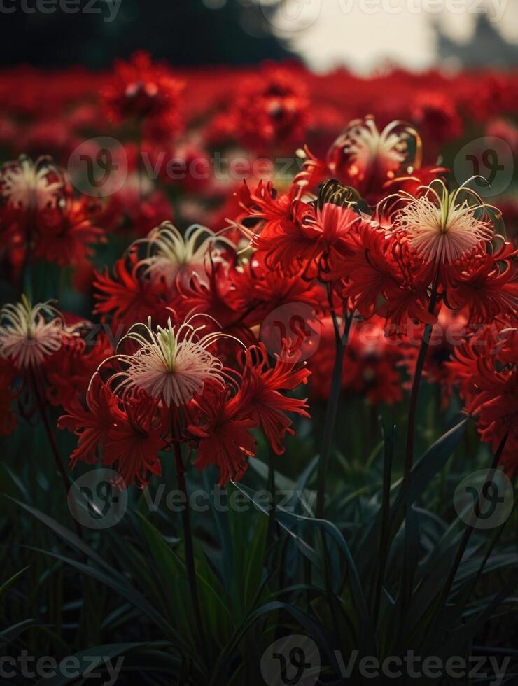 a field of red spider lily in the dark photo