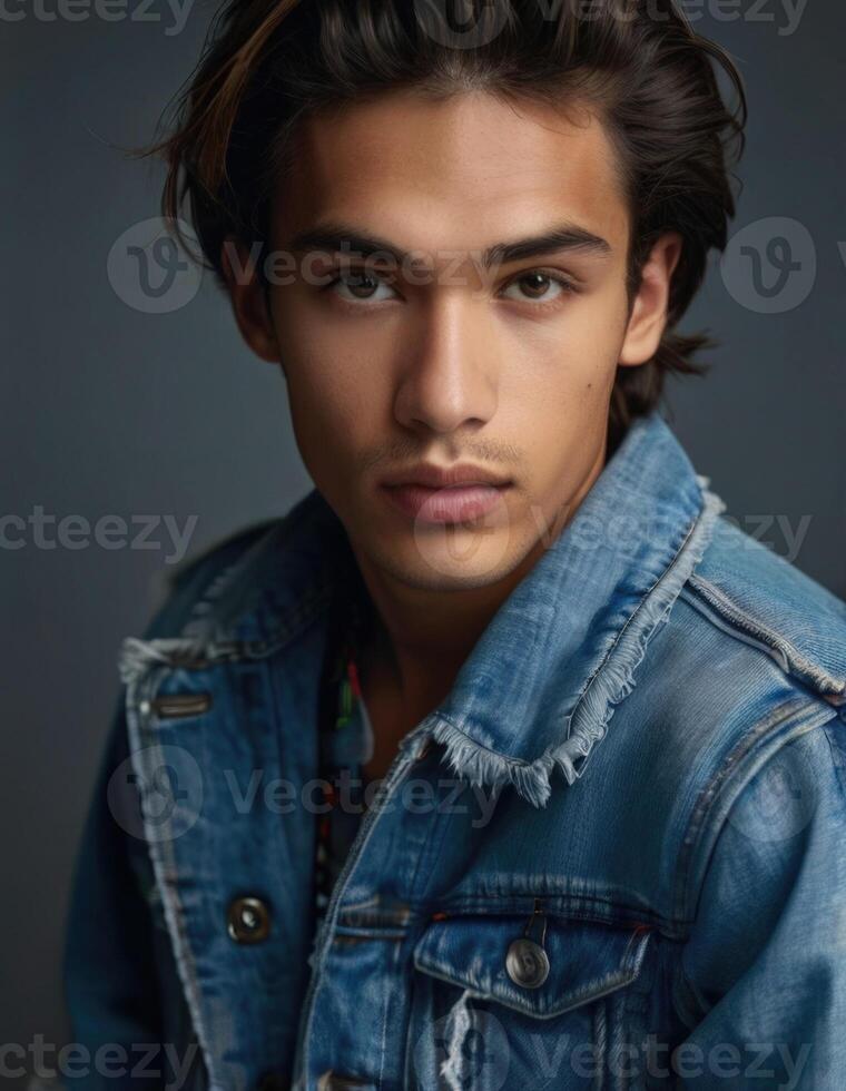 a young man in a denim jacket photo