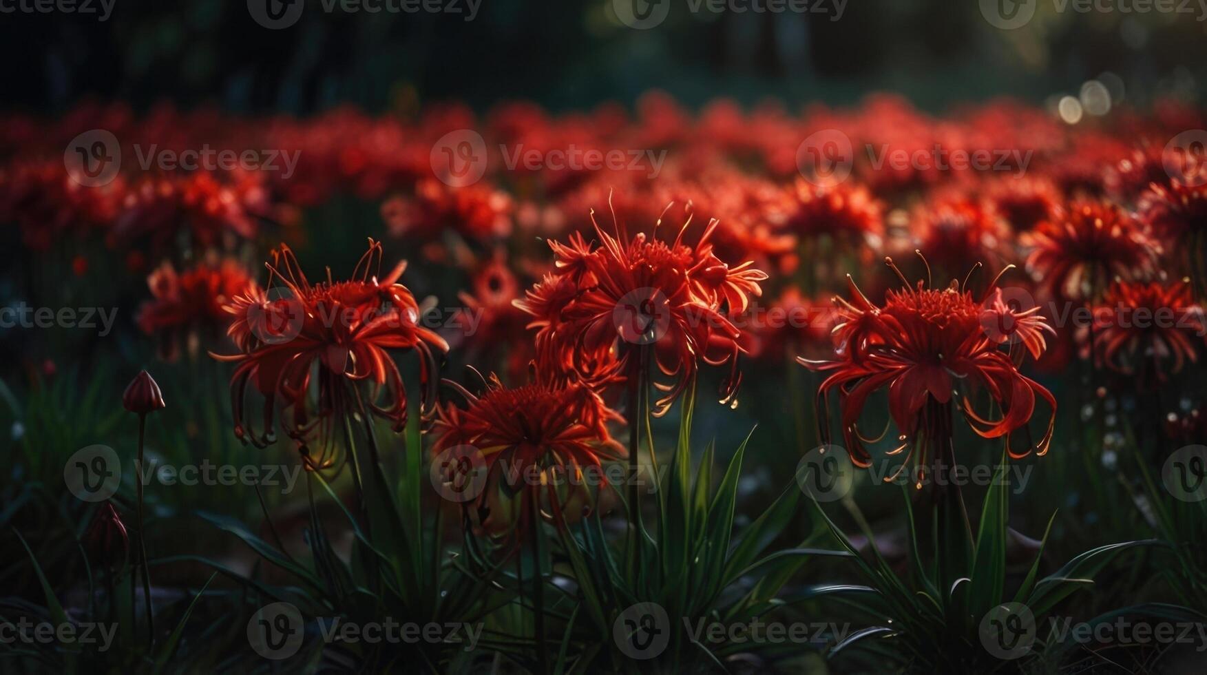 a field of red spider lily in the dark photo